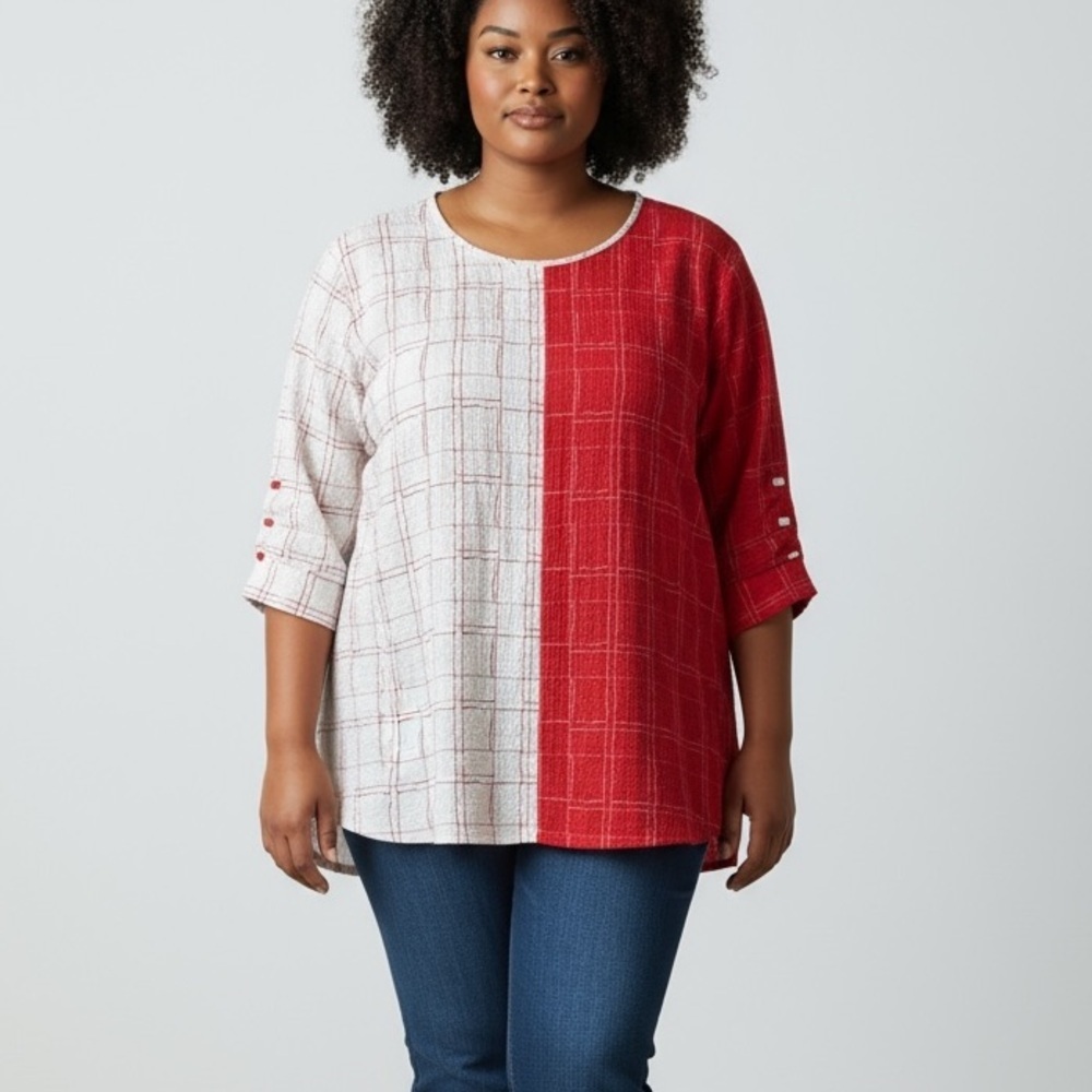 Ali Miles 2X Windowpane Contrasting Tunic Blouse Button 3/4 Sleeve red white